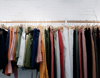 assorted-color clothes lot hanging on wooden wall rack