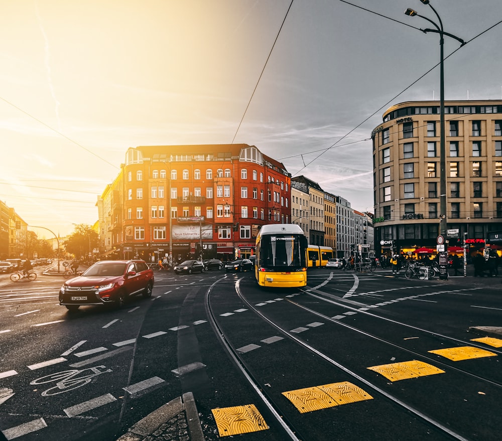 bus and cars on road