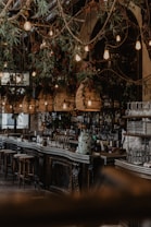 An elegant bar interior with a long, dark wooden counter and high stools. Wicker light fixtures and lush green foliage with small lights hang from above, creating a cozy atmosphere. The bar is well-stocked, displaying numerous bottles and glassware, with a predominantly dark and earthy color palette.