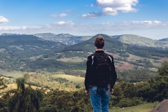 A person with a backpack stands on a hilltop overlooking a vast landscape of green rolling hills under a partly cloudy sky. The scene suggests a sense of exploration and appreciation of nature.