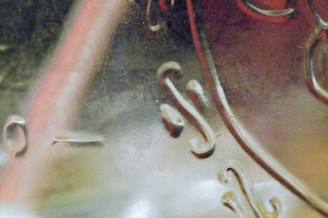 A close-up of a surface with intricate patterns and raised symbols, possibly resembling metalwork or embossed material. The image features swirling and curved engravings with a shiny texture.
