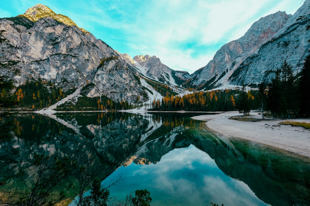 a mountain lake surrounded by snow covered mountains