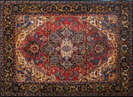 A vintage Persian rug with rich texture and an ornate beige and gold medallion design.