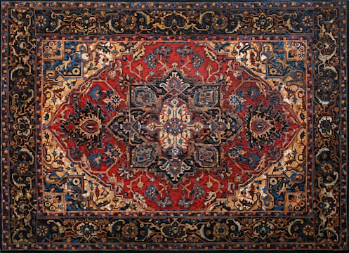 An intricately designed Persian rug featuring a central medallion with elaborate floral and geometric patterns. The color palette includes rich reds, deep blues, and earthy tones, with a detailed border surrounding the central motif.