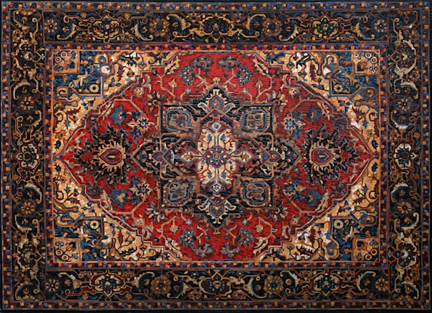 An intricately designed Persian rug featuring a central medallion with elaborate floral and geometric patterns. The color palette includes rich reds, deep blues, and earthy tones, with a detailed border surrounding the central motif.