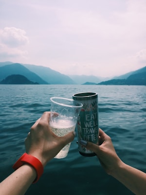 Two hands are holding glasses over a body of water surrounded by mountainous scenery. One hand holds a clear plastic cup filled with a bubbly drink, while the other holds a metallic travel mug with the words 'EAT WELL TRAVEL OFTEN'. The sky is slightly overcast, casting a soft and serene ambiance.