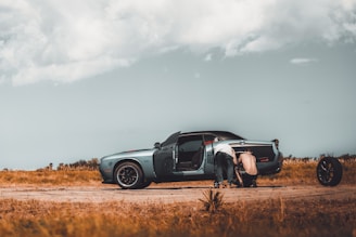 A man works on a car in an open field under a cloudy sky. The car's door is open, and another tire is visible lying on the ground. The scene conveys a sense of isolation and focus.