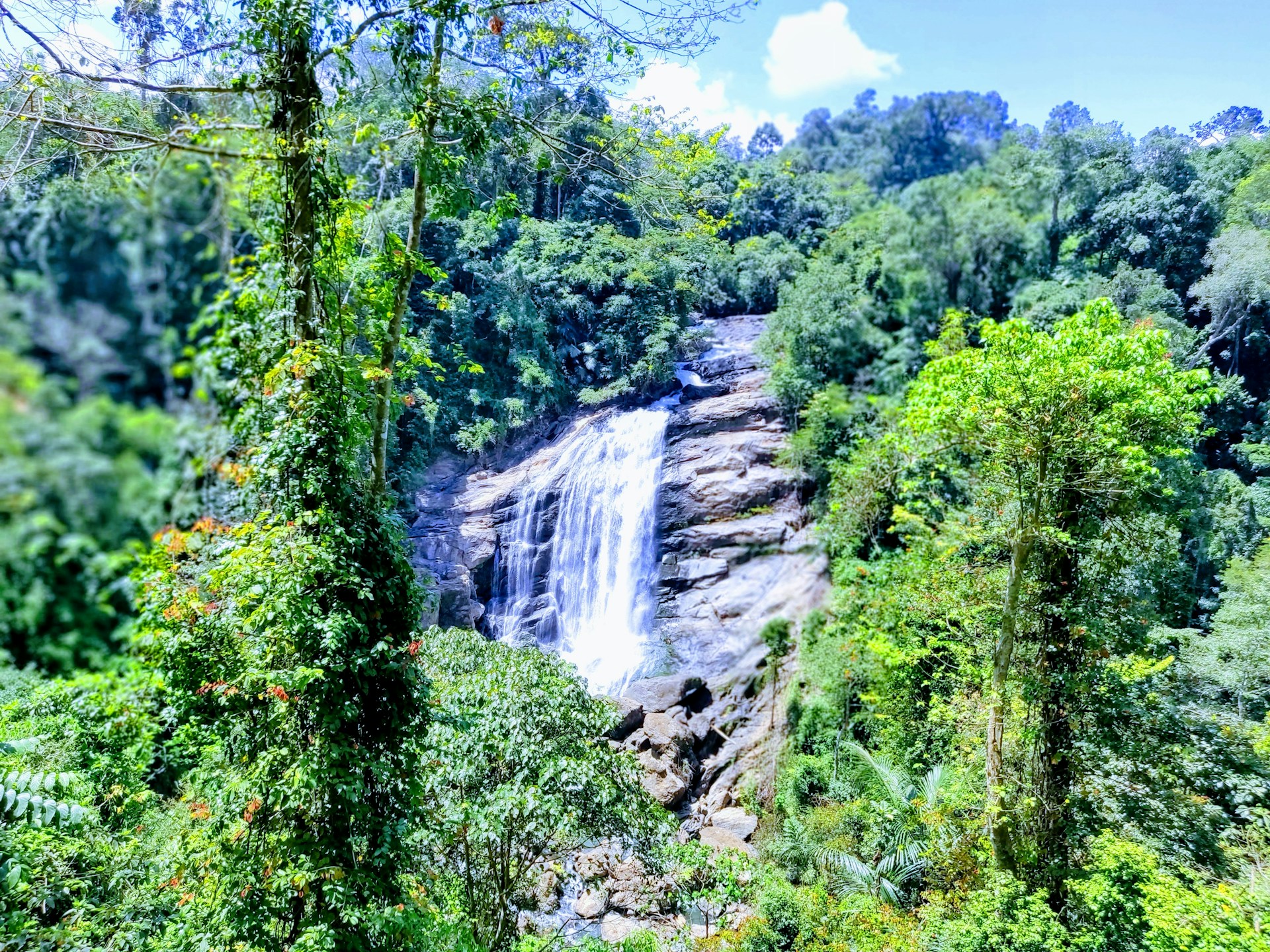 A serene waterfall cascading down surrounded by dense tropical forest in Tetebatu.