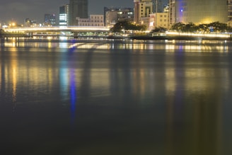 An evening skyline with glowing city lights and a calm river.