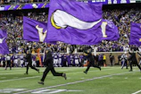 people running and holding Minnesota Vikings flags in green field