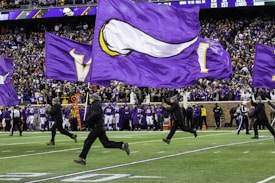 A group of individuals dressed in black are running across a football field, holding large, purple flags. The flags feature designs, including a white horn, associated with a sports team. In the background, a large crowd of spectators dressed in purple and yellow fills the stadium stands.