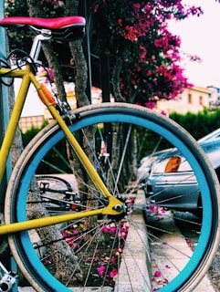 A colorful children's bike parked on a sunny street.