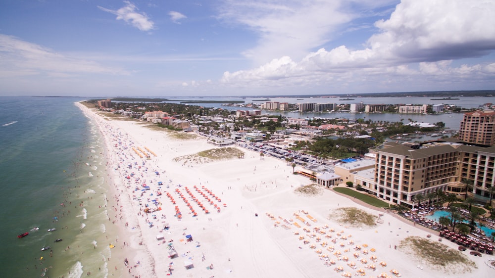 aerial photography of people on the beach across buildings at daytime