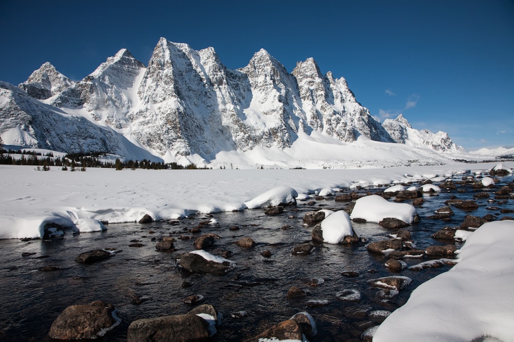 river in between of ground filled with snow