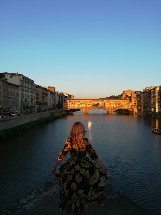 woman wearing brown and black floral 3/4-sleeved dress standing beside river in Ponte Vecchio Italy