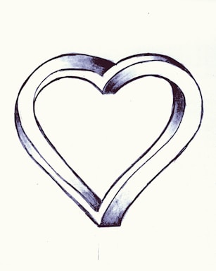 A monochromatic drawing featuring a large heart shape with thick, bold outlines. The image uses shades of gray and black to create a shadow effect, giving the heart a three-dimensional appearance.