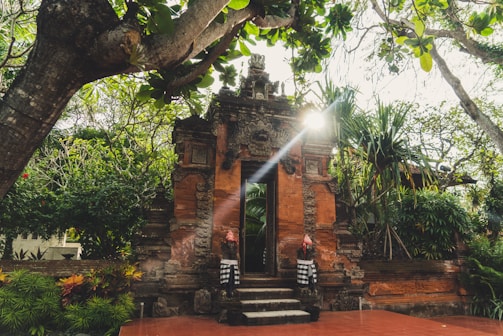 An ornate, traditional Balinese gate made of red brick and stone stands amidst lush greenery. The sunlight streams through the leaves, casting a soft glow on the intricate carvings. The gate has steps leading up to it, and statues draped in black and white cloth flank the entrance. Large trees with winding branches frame the scene, enhancing the serene ambiance.