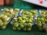 Clusters of fresh gooseberries hanging with vibrant colors against rustic wooden crates.
