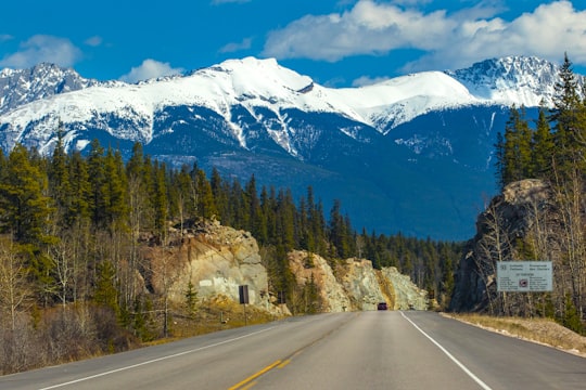 open road near mountain and trees during daytime in Jasper Canada