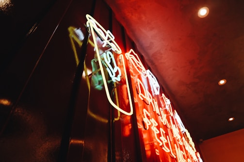 Colorful neon lights glowing in a dark venue.