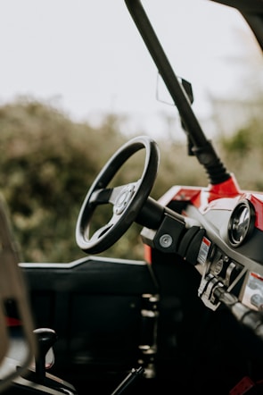 Close-up of the dashboard and steering wheel inside a Guangxi Zhongxing Daoyuan vehicle