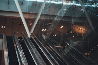 Several escalators ascend within a modern building with a glass facade. The lighting is dim, casting reflections and shadows across the surfaces. Structural beams and lighting fixtures contribute to the architectural design.