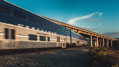 A high-speed train crossing an African landscape, symbolizing pan-African transport.
