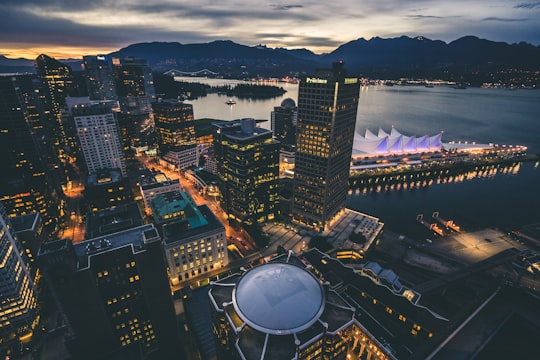 aerial view of cityscape at night in Stanley Park Canada