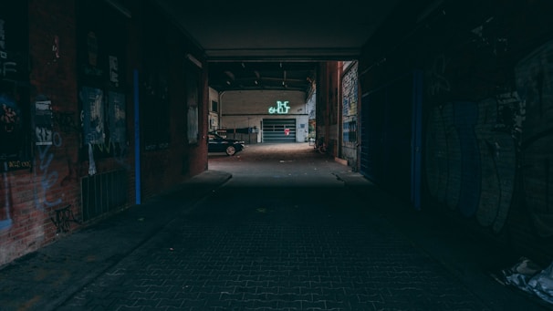 A shadowy alley lit by flickering neon signs, hinting at a hidden club entrance.