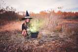 A whimsical witch stirring a bubbling potion with a mischievous smile.