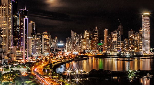 The skyline of Panama City at night.