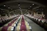 A vast underground wine cellar with multiple rows of large wooden barrels neatly aligned in a symmetrical fashion. The ceiling is made of concrete with a series of low-hanging lights casting a gentle illumination over the space. The atmosphere is cool and slightly dim, suggesting a controlled environment for wine aging.
