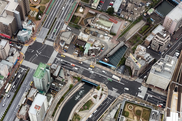 An aerial view of a city with integrated transport systems.