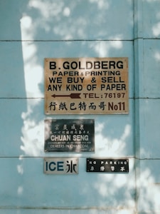 A series of signs are displayed on a light blue wall, featuring English and Chinese text. The top sign advertises paper and printing services, the middle sign mentions a charcoal dealer, and the lower signs include an 'ICE' label and a 'NO PARKING' notice.