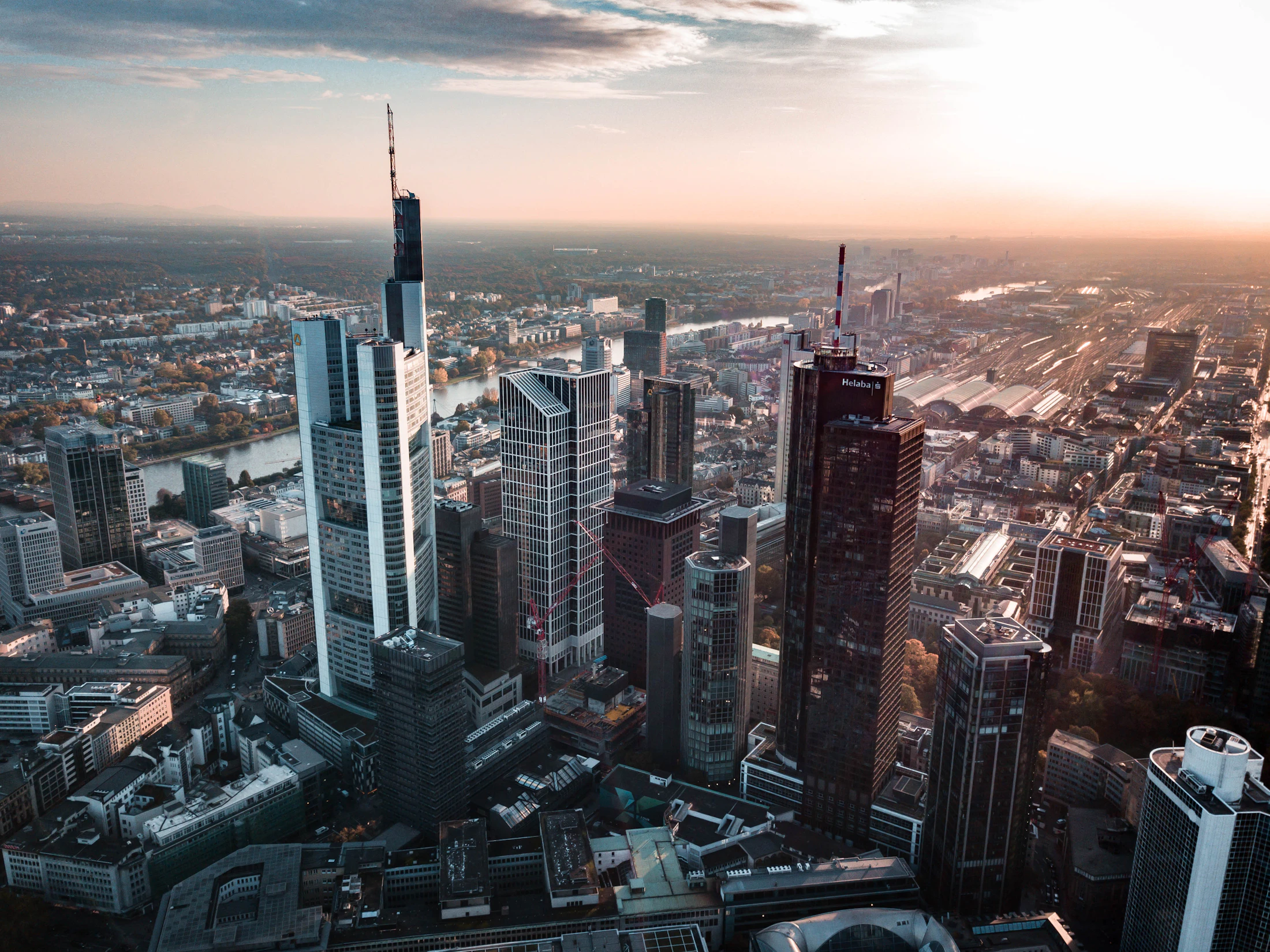 Frankfurt skyline at night, financial district towers and Main river