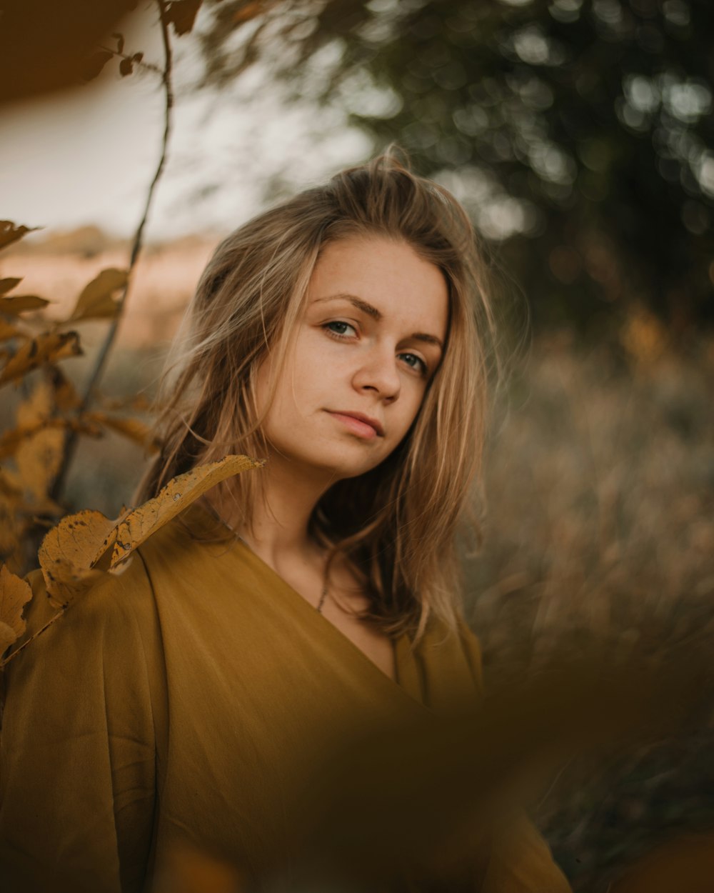 woman wearing brown V-neck blouse