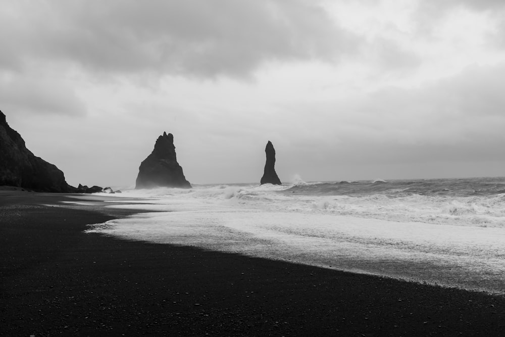 seashore in grayscale photography