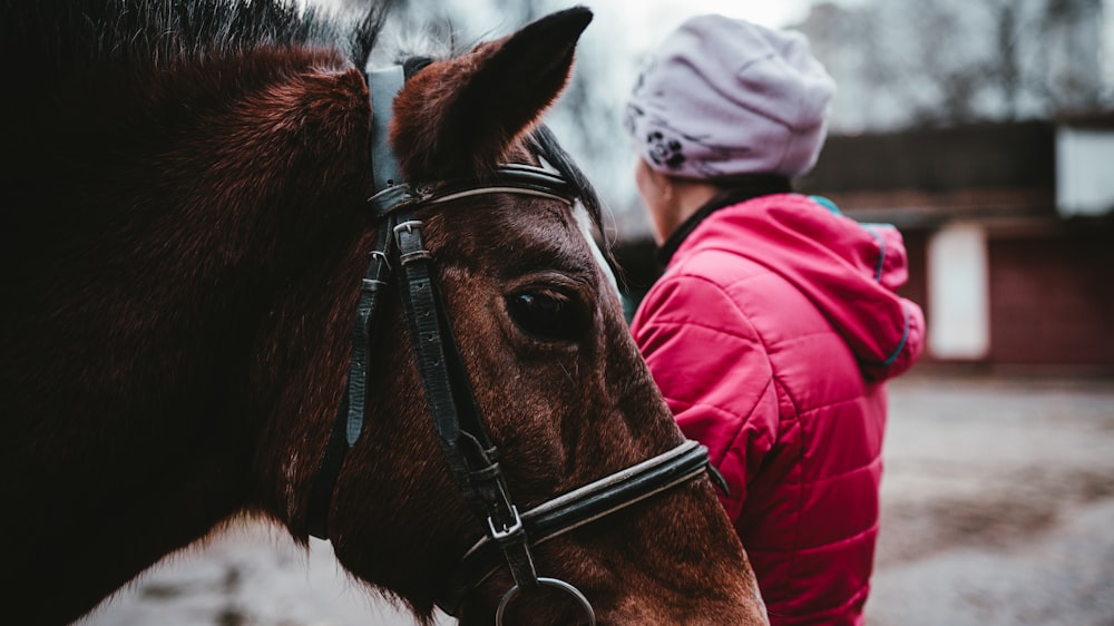 selective focus photography of woman standing beside brown horse