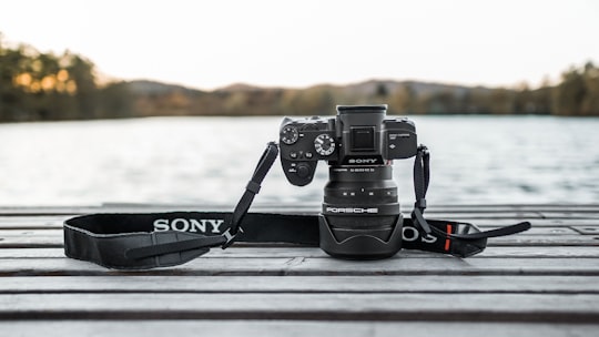 black Sony camera face down on panel by body of water in Koseze Pond Slovenia