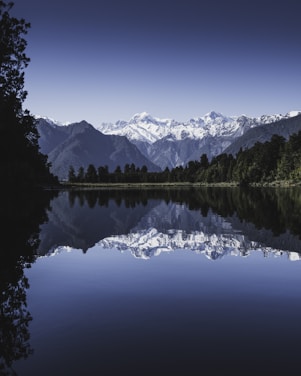 Tranquil lake surrounded by snowy mountains, reflecting vision-driven lifestyle