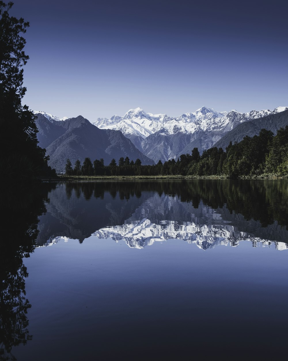 Reflections of mountains an trees in lake