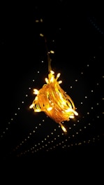 A softly glowing outdoor event illuminated with warm fairy lights and golden LED accents.