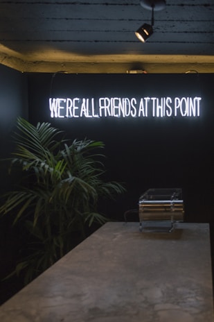 A dimly lit room features a neon sign with the phrase 'WE'RE ALL FRIENDS AT THIS POINT' glowing in white light. Below the sign, there is a marble countertop with a transparent container. To the side, green plants add a touch of nature to the subdued setting.