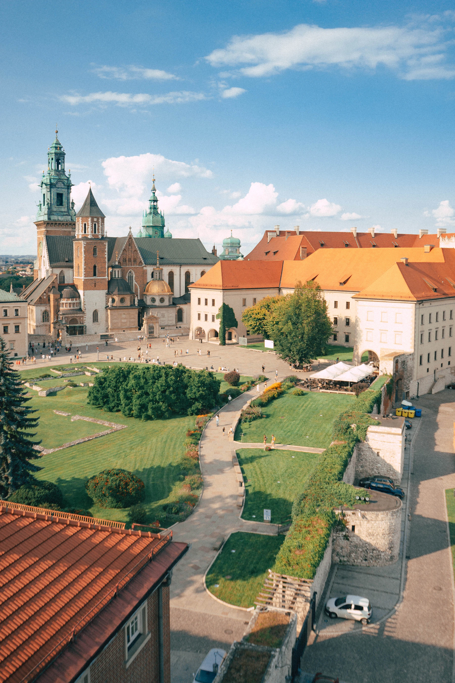 Wawel Cathedral and the courtyards of Wawel Royal Castle seen from above in Kraków