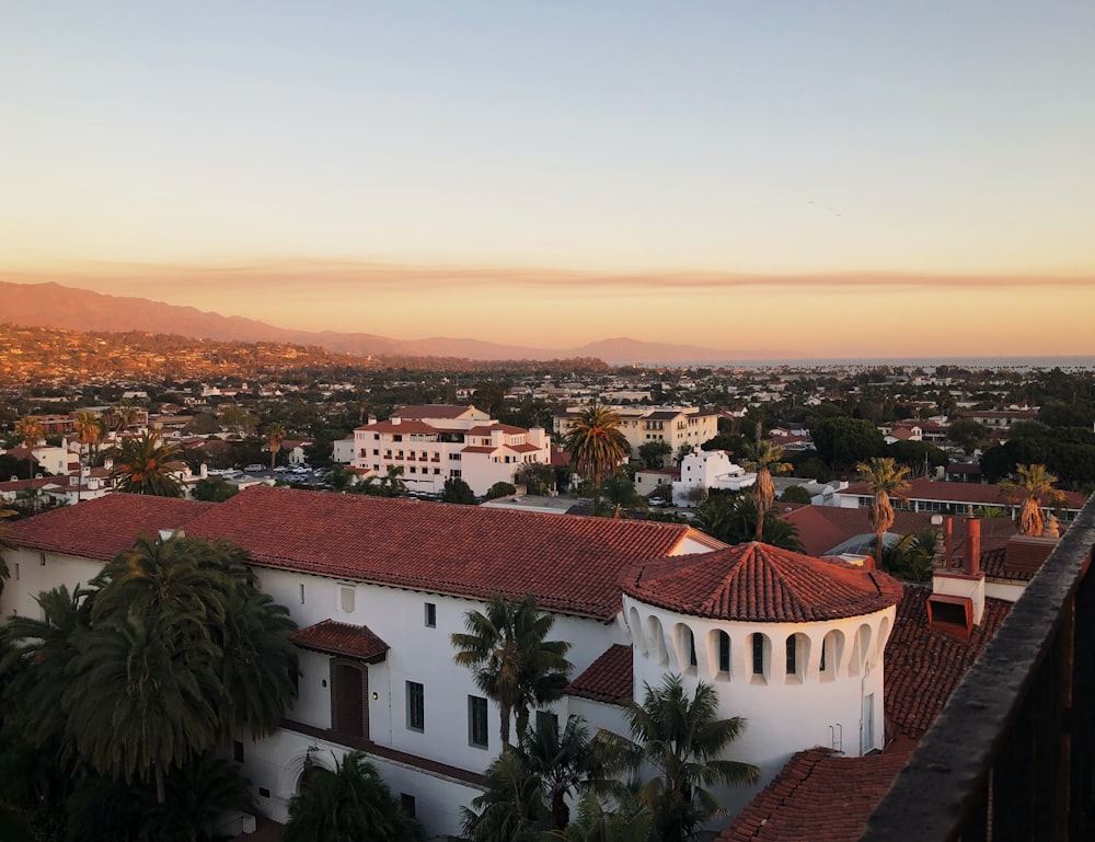 Una vista di una città con palme e montagne sullo sfondo