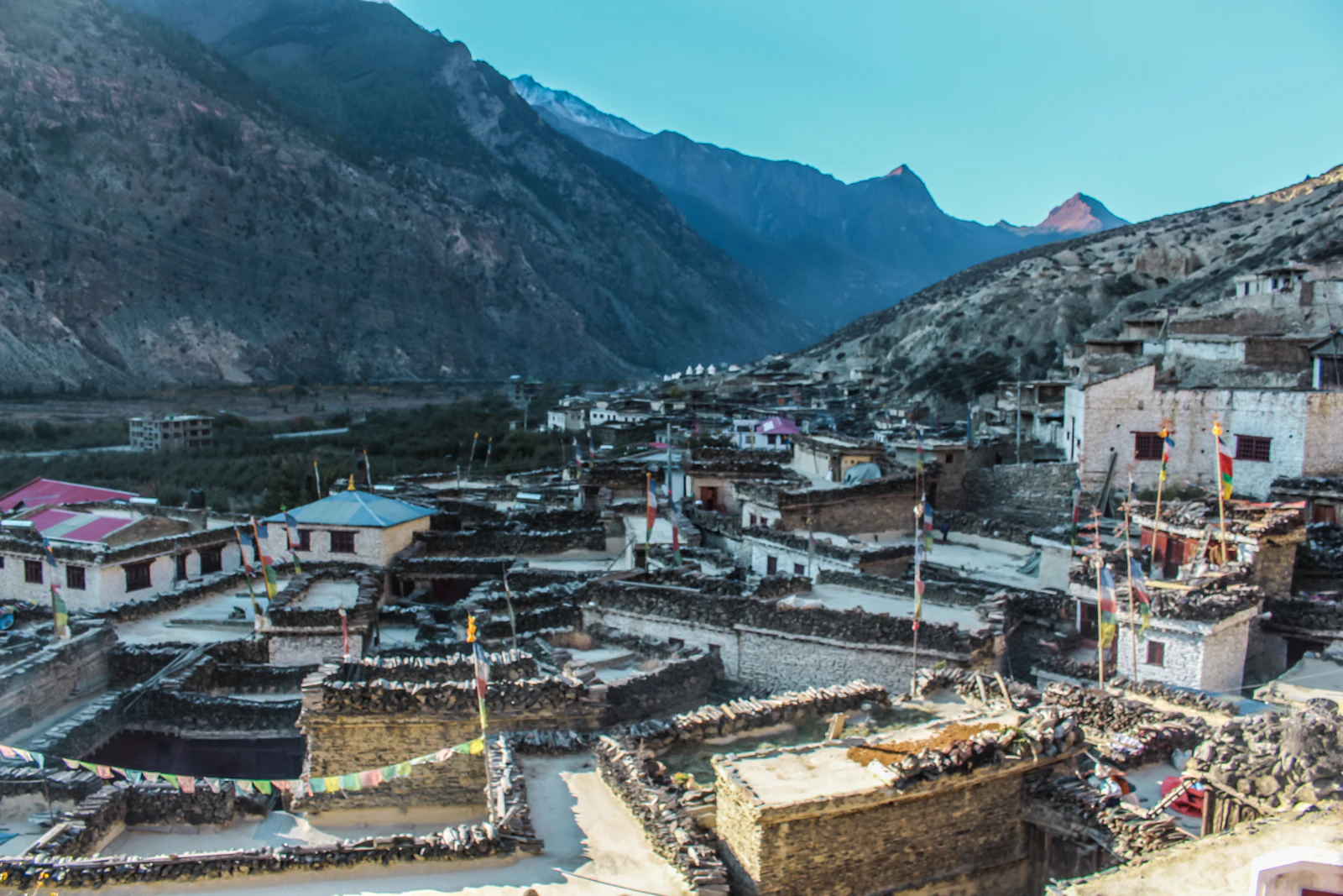 Stone-built Tibetan-Buddhist village with prayer flags at dusk, Nepal