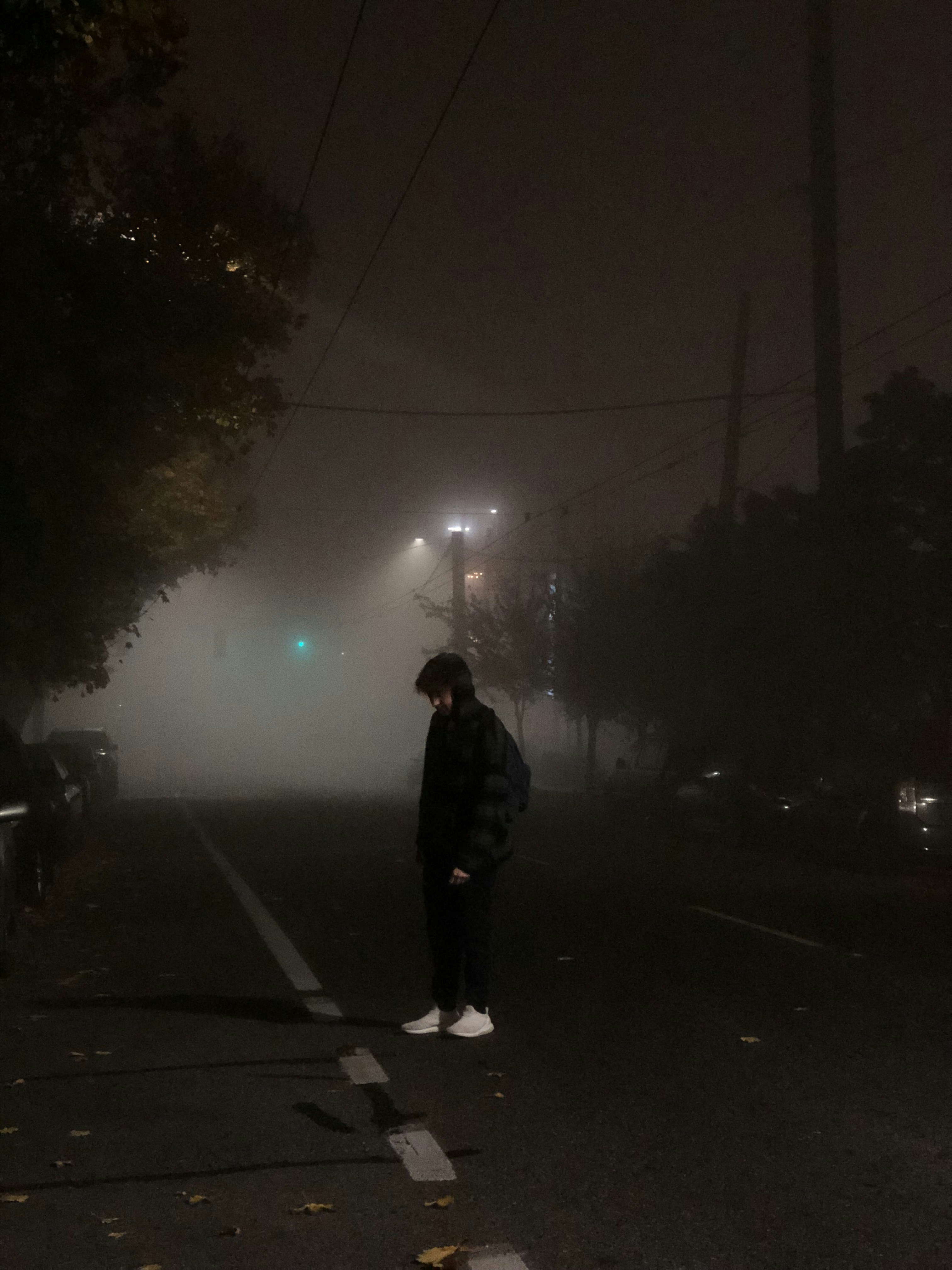 Lone figure standing in fog with city lights behind them