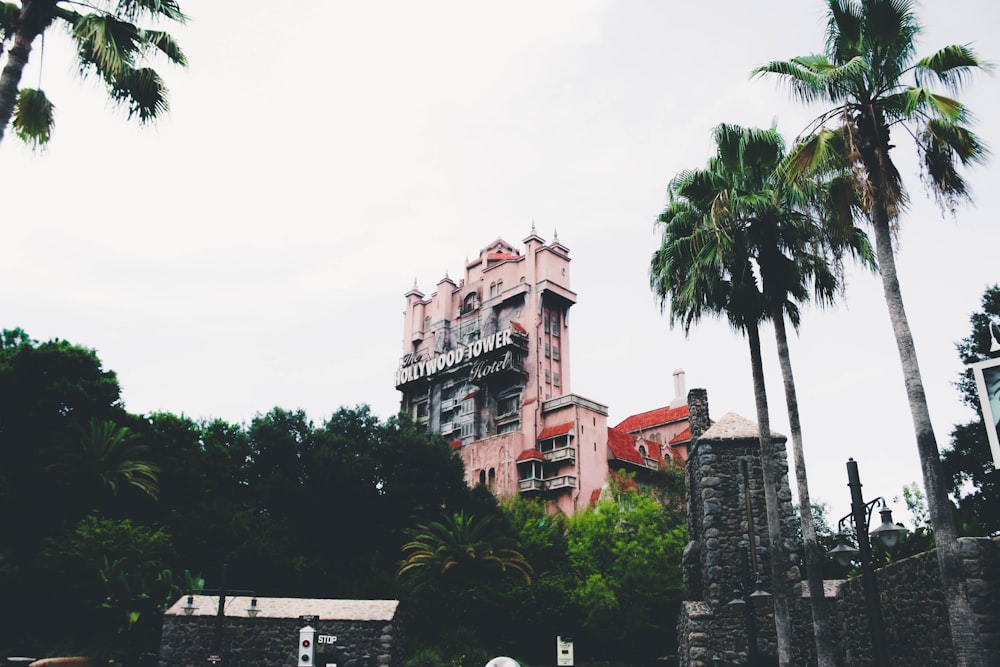 pink building surrounded by coconut trees