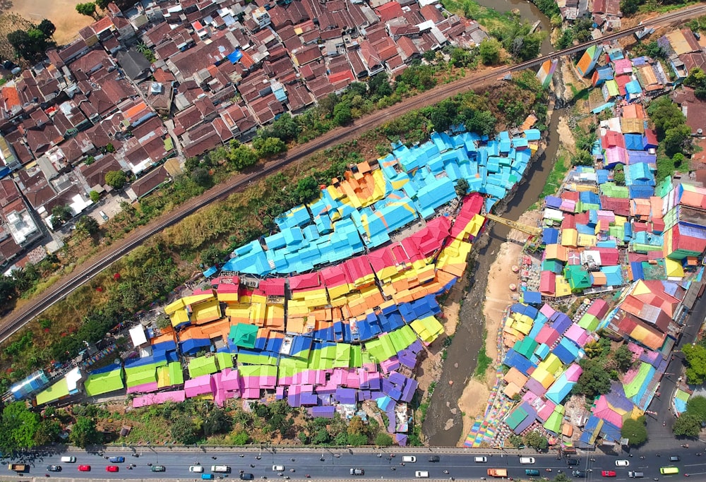 aerial view of buildings and trees