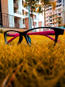 An image of eyeglasses with pink temples resting on vibrant green grass. There are buildings in the background, partially obscured by tall trees. The foreground is sharply focused on the eyeglasses, while the background is slightly blurred, giving a sense of depth.